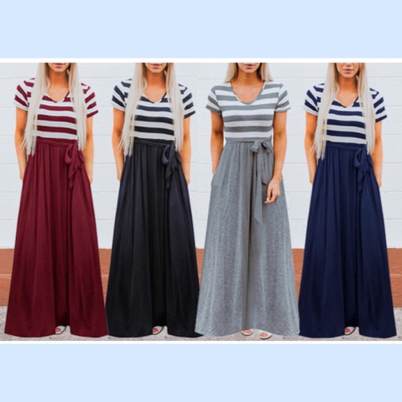 Long Sleeve Striped V Neck Maxi in Grey - Picture 6 of 6